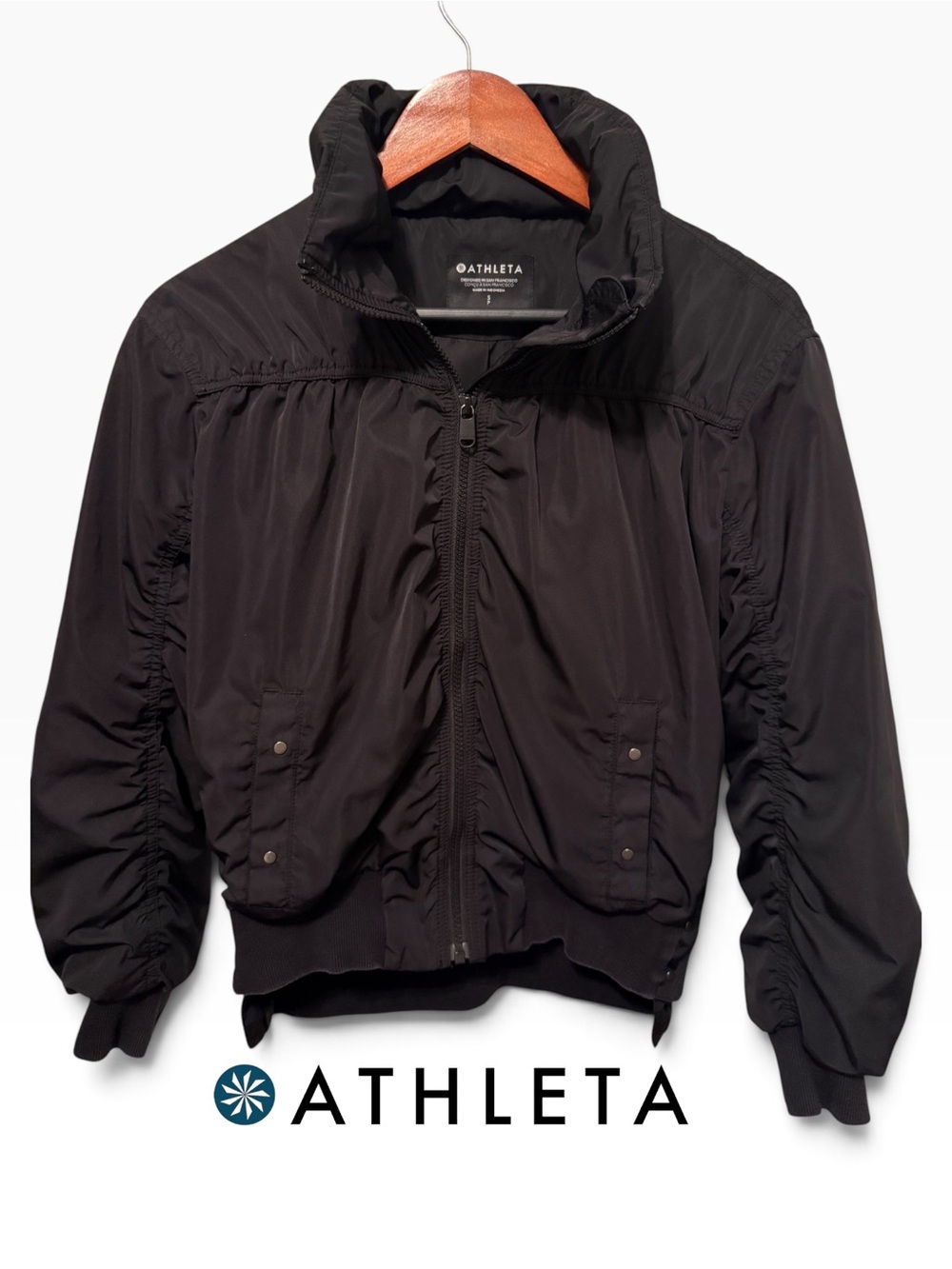 Athleta Black Ruched Bomber Jacket Full Zip Size Small